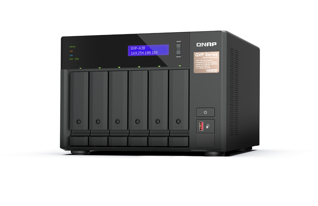 QNAP QVP-63B-US NVR de alto rendimiento de 6 bahías para Pymes (Sin Discos)