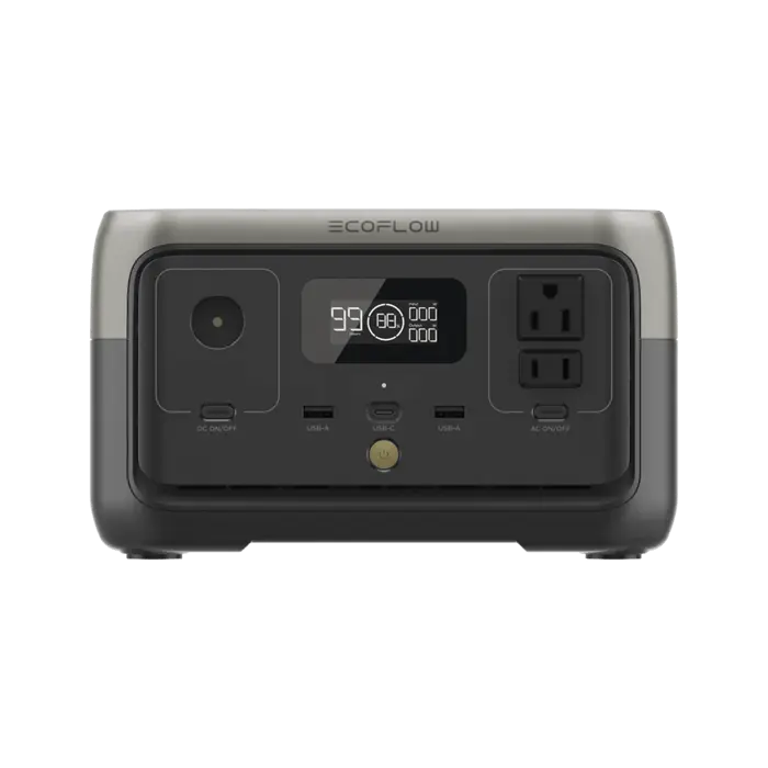 EcoFlow River 2 | Estación de Energía Portátil 256Wh Litio LFP / 2 AC 300 W (Max. 600W) / 1 USB-C 60W / 2 USB -A 12W / Cargador de Coche 8A a 12 o 24V / Conectividad WiFi y Bluetooth (App) / Carga Solar 110W Max.